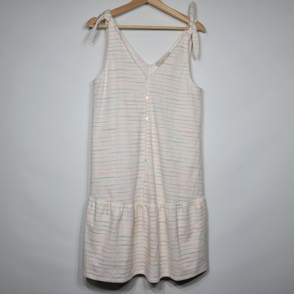 LOFT Bow Strap Button Front Stripes Flounce Dress Ivory Multi-Color Medium
